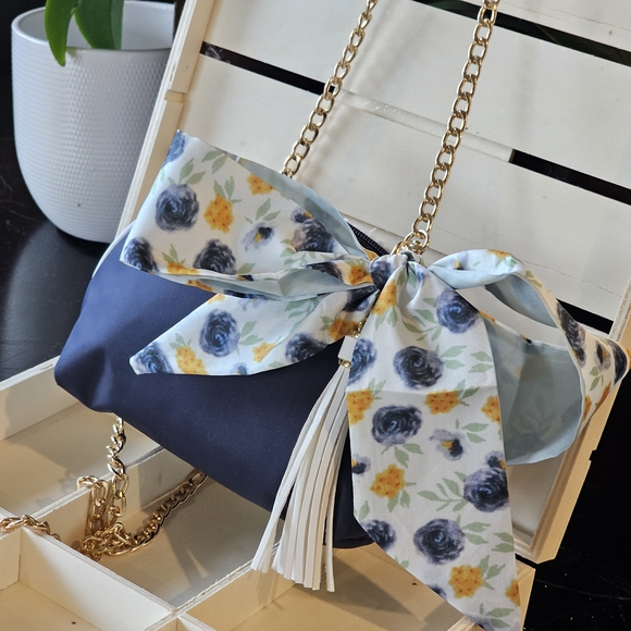 Christian Dior Navy Blue Clutch w/Crossbody Chain, Tassel, & Twilly Added - Picture 8 of 16